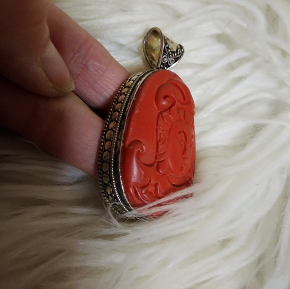 Vintage Sterling‎ and cinnabar Buddha necklace NWOT - Picture 9 of 16